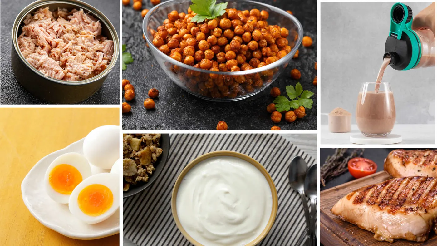 High-protein foods: chicken breast, eggs, Greek yoghurt, tuna, roasted chickpeas and a protein shake